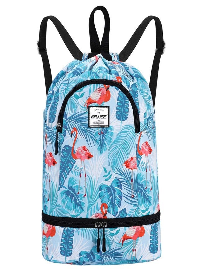 HAWEE Dry Wet Drawstring Backpack with Shoe Compartment for Women and Men Waterproof Yoga String Bag Outdoor Sports Rucksack for Gym/Beach/Swim Pool, Flamingo Blue - Image 1