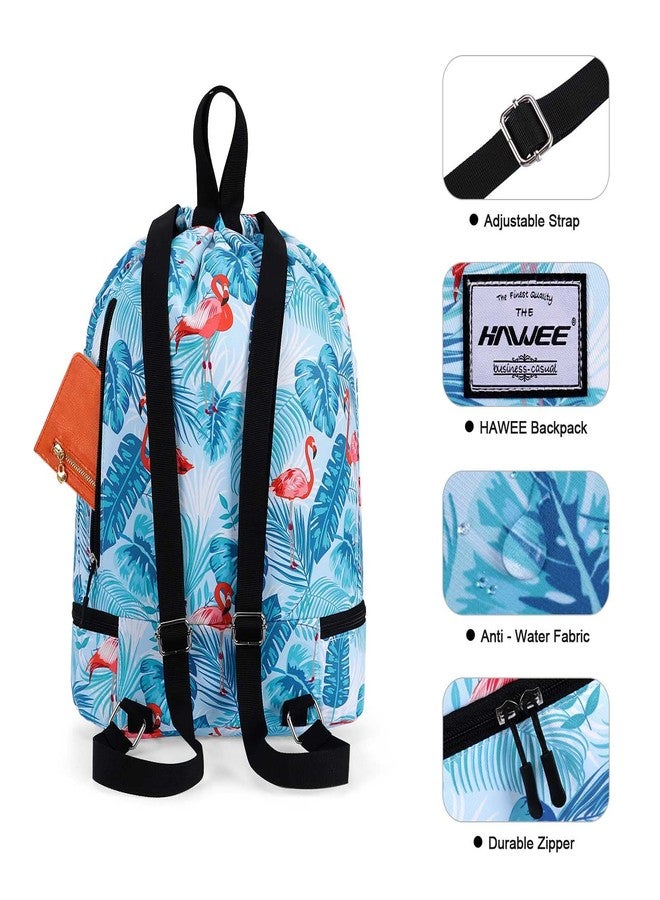 HAWEE Dry Wet Drawstring Backpack with Shoe Compartment for Women and Men Waterproof Yoga String Bag Outdoor Sports Rucksack for Gym/Beach/Swim Pool, Flamingo Blue - Image 2