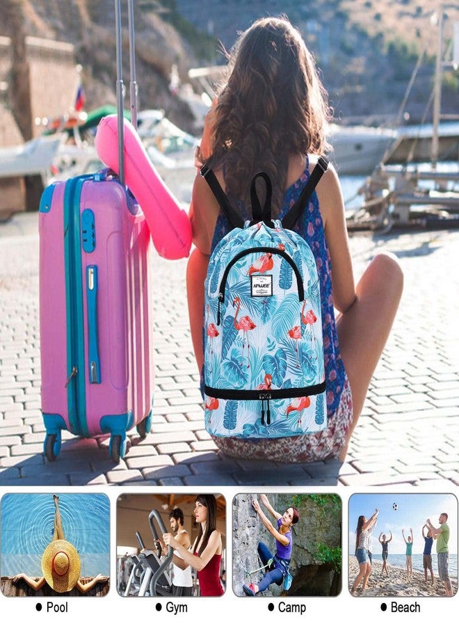 HAWEE Dry Wet Drawstring Backpack with Shoe Compartment for Women and Men Waterproof Yoga String Bag Outdoor Sports Rucksack for Gym/Beach/Swim Pool, Flamingo Blue - Image 5