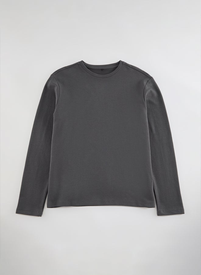 trendyol Anthracite Regular/Normal Cut Long Sleeve Basic Textured 100% Cotton T-Shirt - Image 2