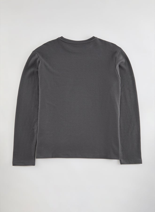 trendyol Anthracite Regular/Normal Cut Long Sleeve Basic Textured 100% Cotton T-Shirt - Image 3