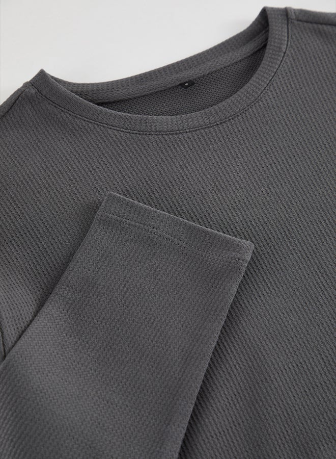 trendyol Anthracite Regular/Normal Cut Long Sleeve Basic Textured 100% Cotton T-Shirt - Image 1
