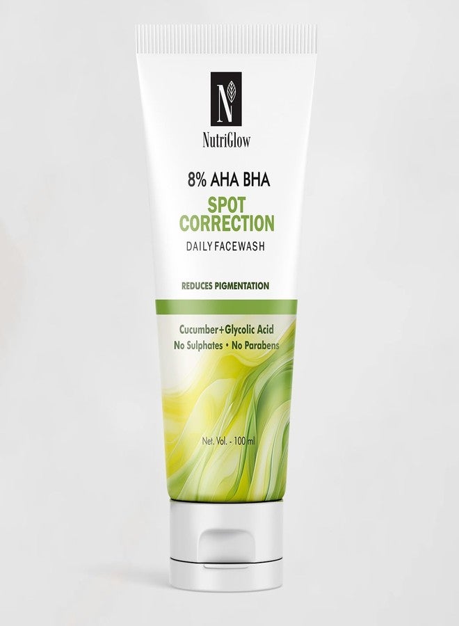 NutriGlow 8% AHA BHA Spot Correction Daily Face Wash, Gentle Exfoliating Formula with Cucumber, Glycolic Acid, All Skin Types For Men And Women (100ml) - Image 1