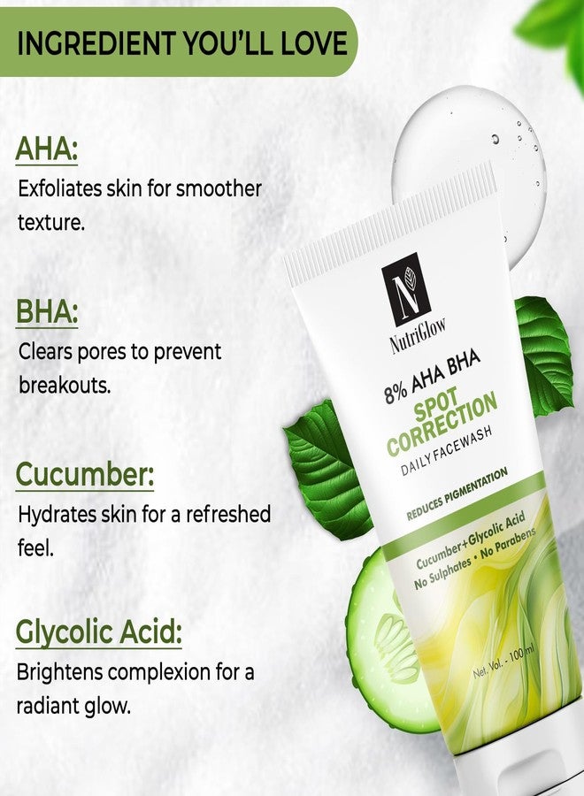 NutriGlow 8% AHA BHA Spot Correction Daily Face Wash, Gentle Exfoliating Formula with Cucumber, Glycolic Acid, All Skin Types For Men And Women (100ml) - Image 5