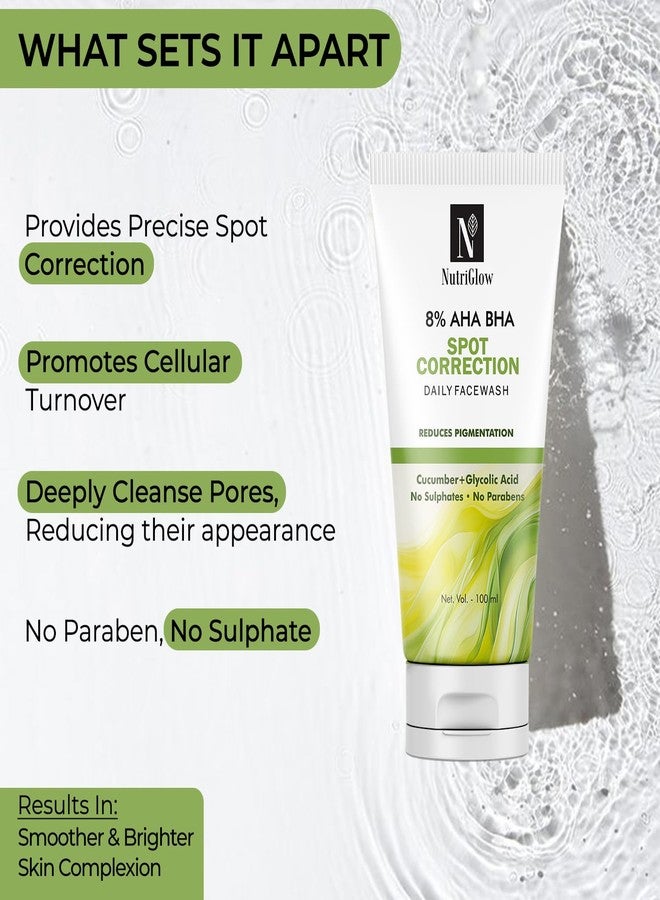 NutriGlow 8% AHA BHA Spot Correction Daily Face Wash, Gentle Exfoliating Formula with Cucumber, Glycolic Acid, All Skin Types For Men And Women (100ml) - Image 3