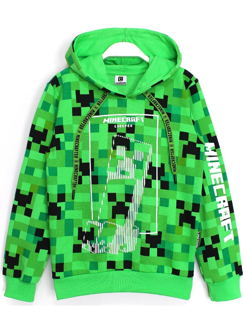 MINECRAFT - 360 Degree Creeper Printed Winter Kids Hooded Sweatshirt 8 - 13 Years Old Green - Image 1