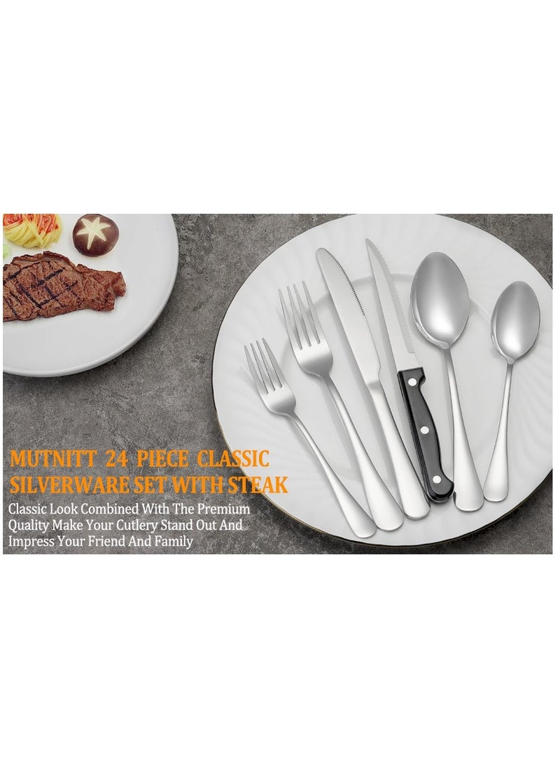 XiuWoo 24-Piece Stainless Steel Salad Fork  Dinner Fork Dinner Knife Steak Knife Dinner Spoon Tea Spoon Full Set Silver for Home Office Restaurant Hotel Silver  - Image 4