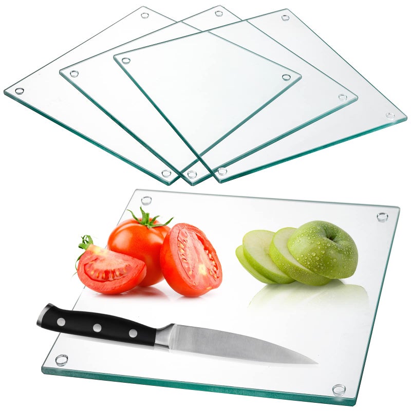 Hacaroa Set of 4 Tempered Glass Cutting Board, 10"x10" Small Square Chopping Board with Rubber Feet, Non-slip Placement Tray for Kitchen Countertop, Christmas Gifts, Shatter-Resistant, Clear - Image 1