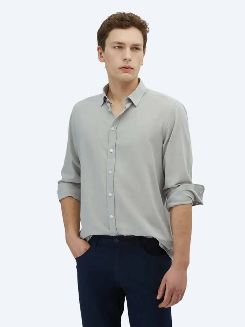 Kip Light Grey Plain Regular Fit Weaving Casual 100% Cotton Shirt