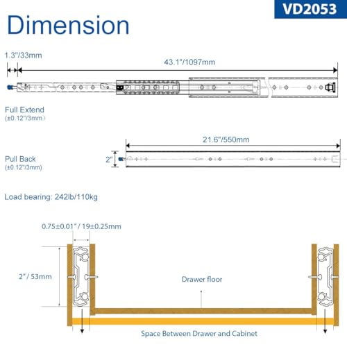 VADANIA 22" Heavy Duty Drawer Slide with Lock #VD2053, 2" Width Up to 233lb Load Capacity, 3-Fold Full Extension, Ball Bearing Lock-in & Lock-Out, Side Mount, 1-Pair - Image 4