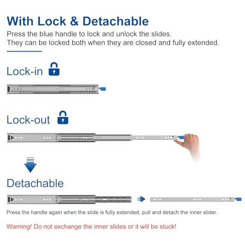 VADANIA 22" Heavy Duty Drawer Slide with Lock #VD2053, 2" Width Up to 233lb Load Capacity, 3-Fold Full Extension, Ball Bearing Lock-in & Lock-Out, Side Mount, 1-Pair - Image 5