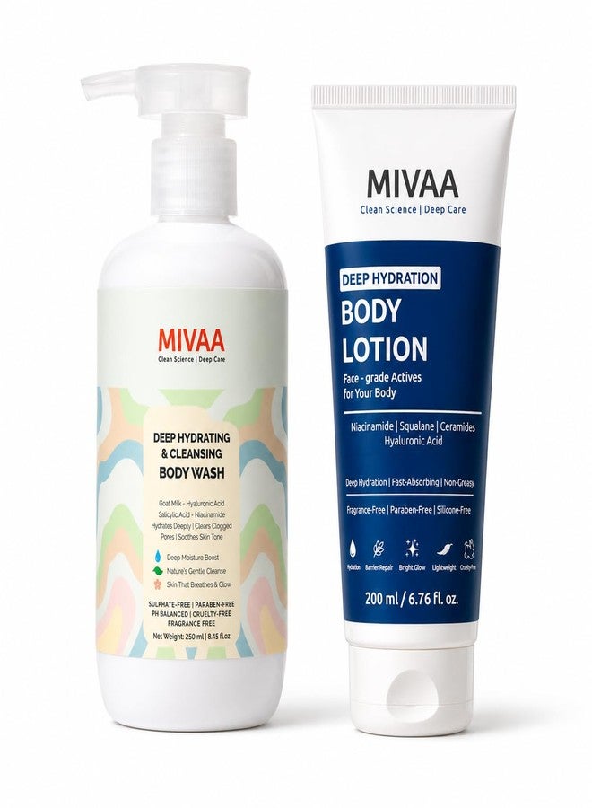 MIVAA Body Wash + Body Lotion Combo for Dry & Sensitive Skin | Fragrance-Free 2-Step Body Care Routine with 1% Salicylic Acid Body Wash & 5% Squalane Body Lotion | Non-Drying, Non-Greasy Daily Care - Image 1