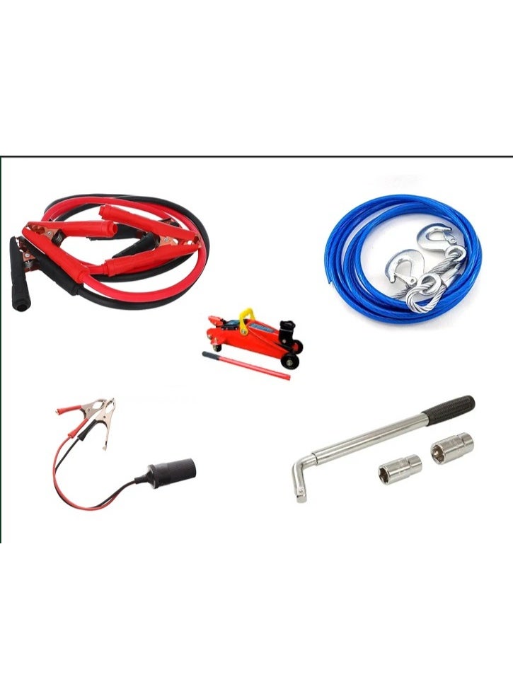 Complete Car Emergency Roadside Kit with Hydraulic Floor Jack, Battery Jumper Cables, Heavy-Duty Tow Cable, Cross Lug Wrench and Essential Vehicle Recovery Tools