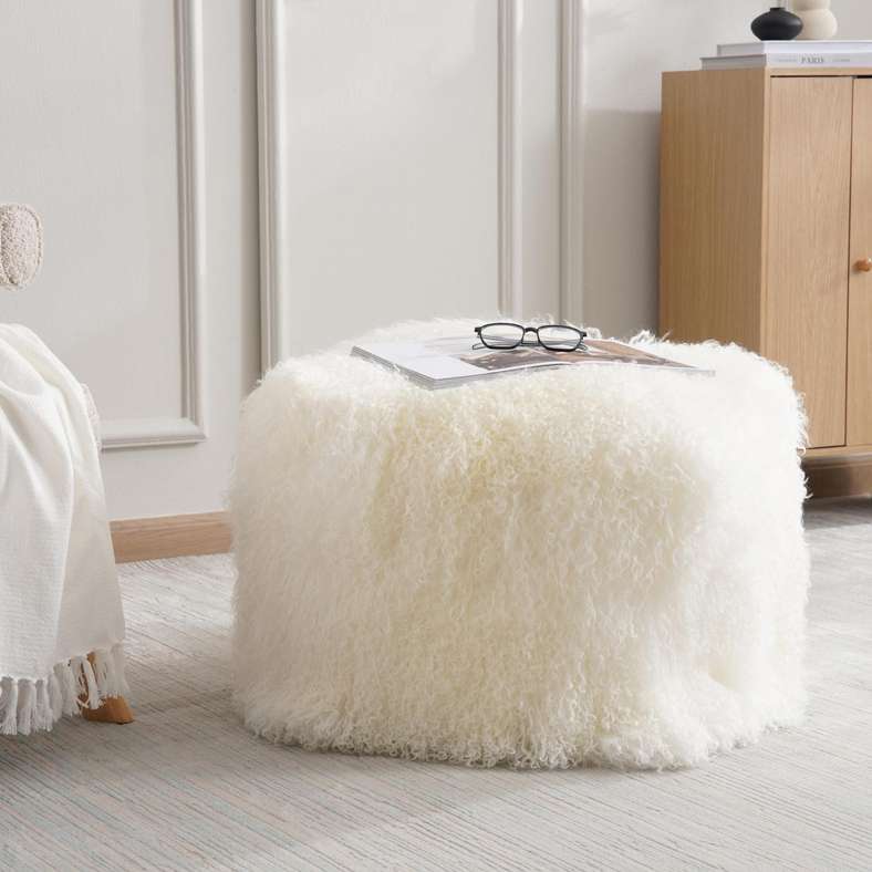 Pan Home Ivory Mongolian Fur Pouf for Home
