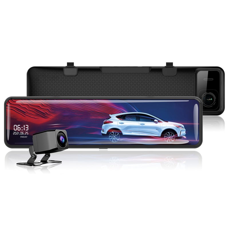 H9 11 inch rearview mirror driving recorder compatible with car DVR front and rear full screen IPS touch screen reverse image (2 front and rear cameras, 64G) - Image 1