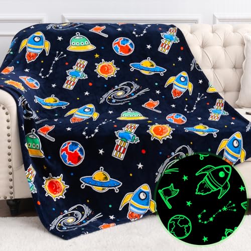 Jekeno Space Toys Gifts for Boys Girls - Glow in The Dark Galaxy Blanket Christmas Birthday Valentines Easter Decor Presents for Grandkids Age 1-14 Year Old Kids Spaceship Rocket Planet Throw 50"x60" - Image 1