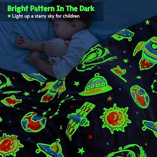 Jekeno Space Toys Gifts for Boys Girls - Glow in The Dark Galaxy Blanket Christmas Birthday Valentines Easter Decor Presents for Grandkids Age 1-14 Year Old Kids Spaceship Rocket Planet Throw 50"x60" - Image 3