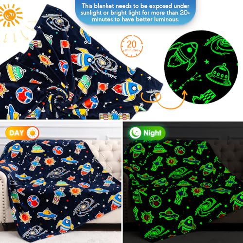 Jekeno Space Toys Gifts for Boys Girls - Glow in The Dark Galaxy Blanket Christmas Birthday Valentines Easter Decor Presents for Grandkids Age 1-14 Year Old Kids Spaceship Rocket Planet Throw 50"x60" - Image 2