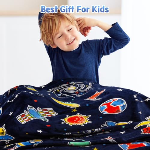 Jekeno Space Toys Gifts for Boys Girls - Glow in The Dark Galaxy Blanket Christmas Birthday Valentines Easter Decor Presents for Grandkids Age 1-14 Year Old Kids Spaceship Rocket Planet Throw 50"x60" - Image 4