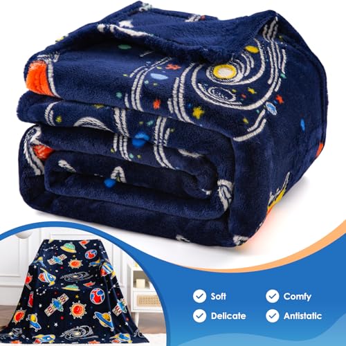 Jekeno Space Toys Gifts for Boys Girls - Glow in The Dark Galaxy Blanket Christmas Birthday Valentines Easter Decor Presents for Grandkids Age 1-14 Year Old Kids Spaceship Rocket Planet Throw 50"x60" - Image 5