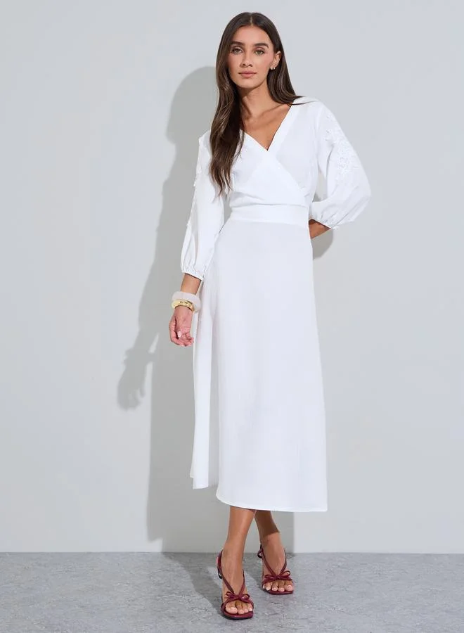 White Solid Lace Details  3/4 Puff Sleeves A-Line Midi Dress