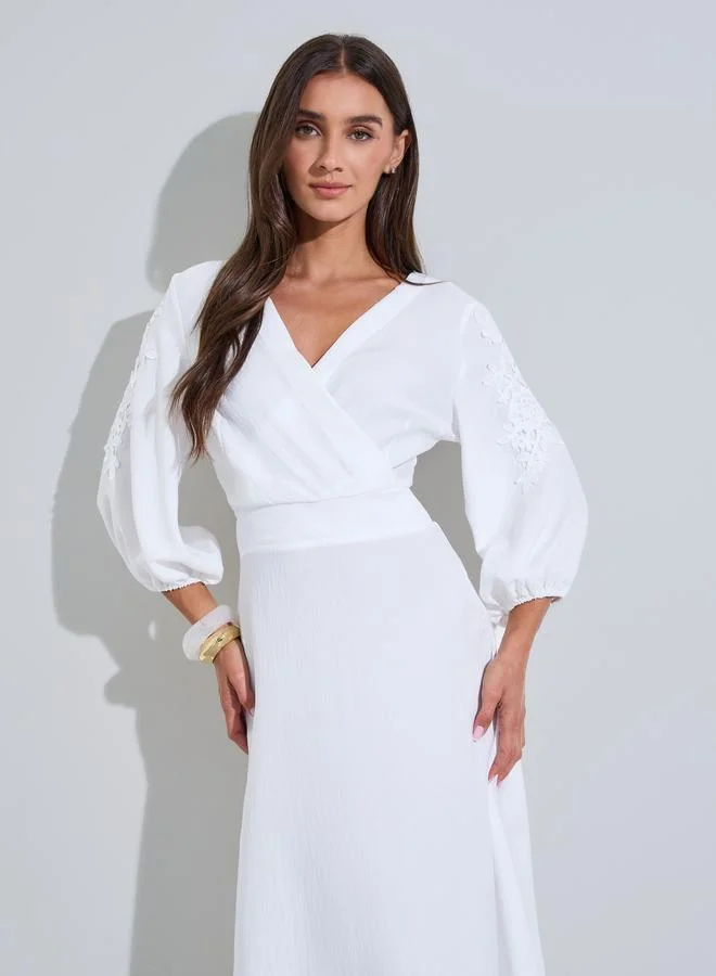 Styli  White Solid Lace Details  3/4 Puff Sleeves A-Line Midi Dress for Women | Best Price UAE
