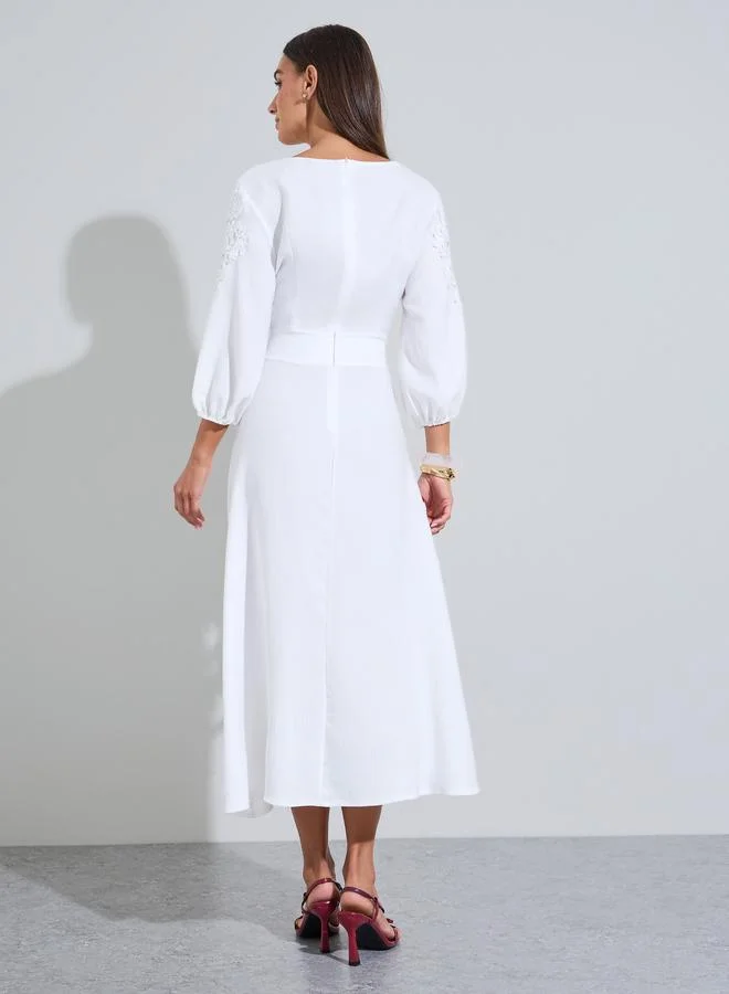 Styli  White Solid Lace Details  3/4 Puff Sleeves A-Line Midi Dress for Women | Best Price UAE