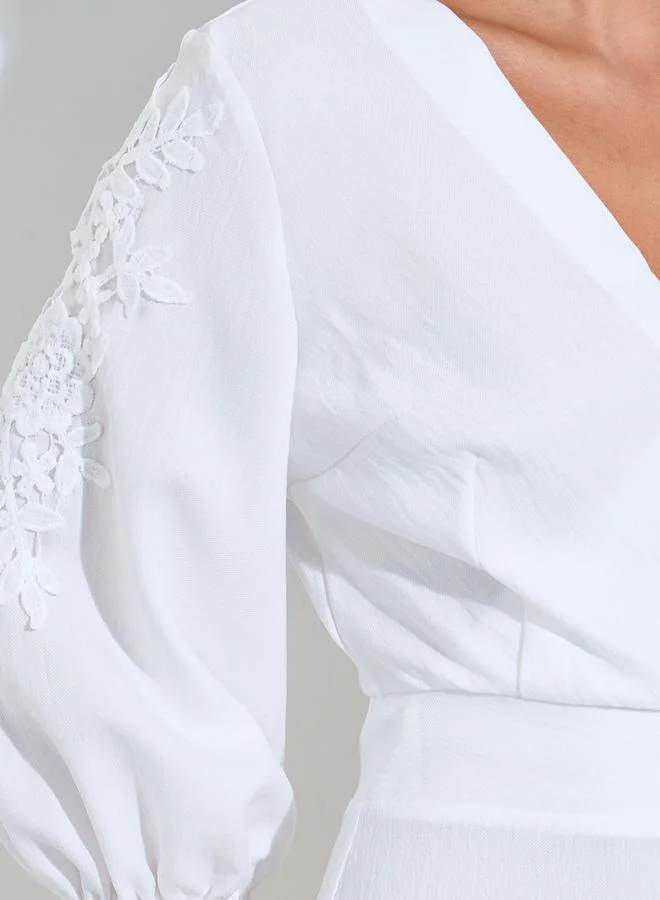 Styli  White Solid Lace Details  3/4 Puff Sleeves A-Line Midi Dress for Women | Best Price UAE
