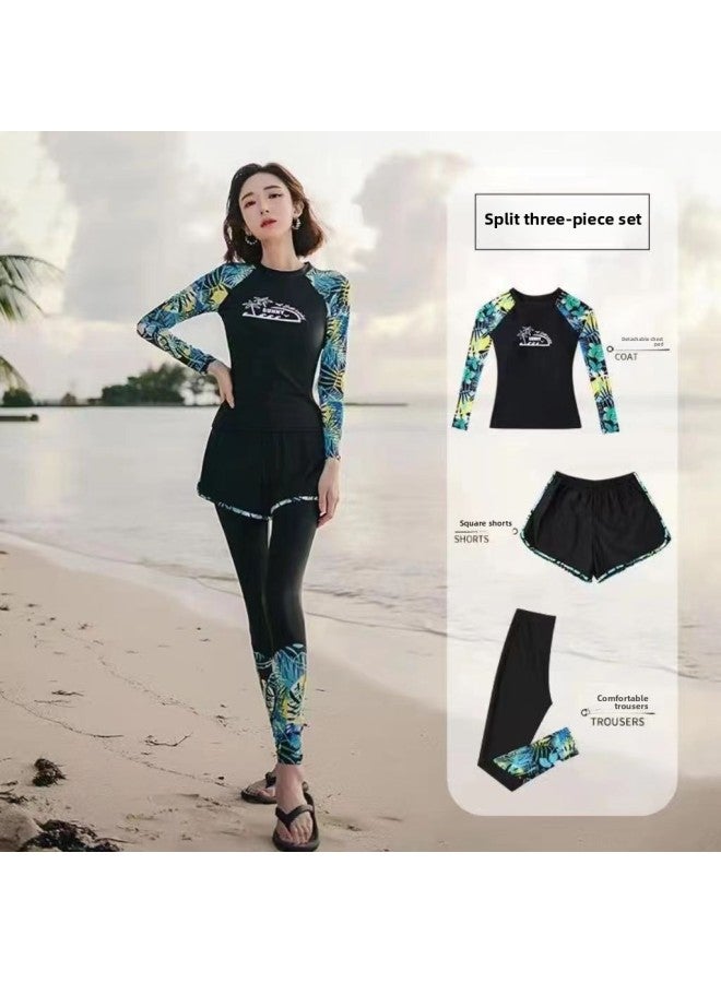 Loquat Surfing Suit 2023 Swimsuit Women's Split Three-piece Set Conservative Student Long-sleeved Trousers Sports Hot Spring Swimsuit-Color:green Flowers- - Image 1