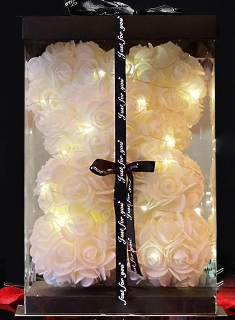 Generic - Gifts for Women – Rose Flower Bear - Rose Bear ,Pure Handmade Rose Teddy Bear ,Gift for Mothers Day, Valentines Day, Anniversary and Bridal Showers, with Clear Gift Box (White With Light) - Image 1