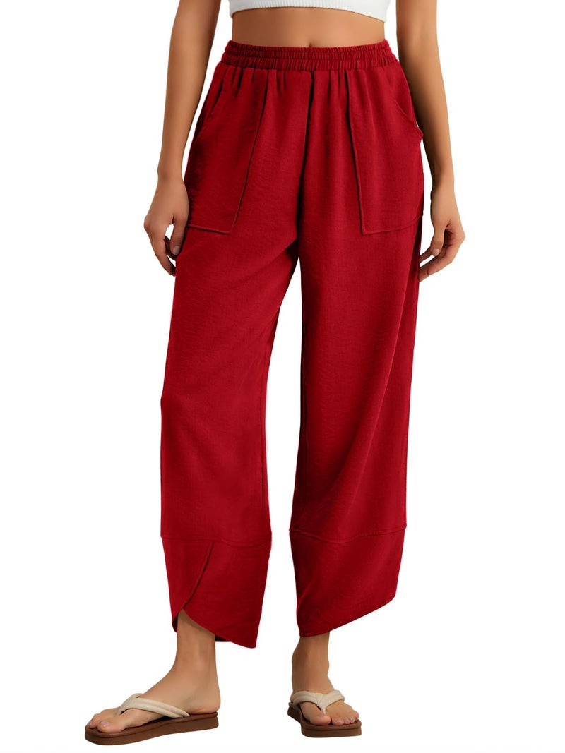 Feiersi Womens Baggy Wide Leg Pants Elastic Waisted Casual Palazzo Harem Pants Summer Beach Trousers(Wine Red,Medium) - Image 1