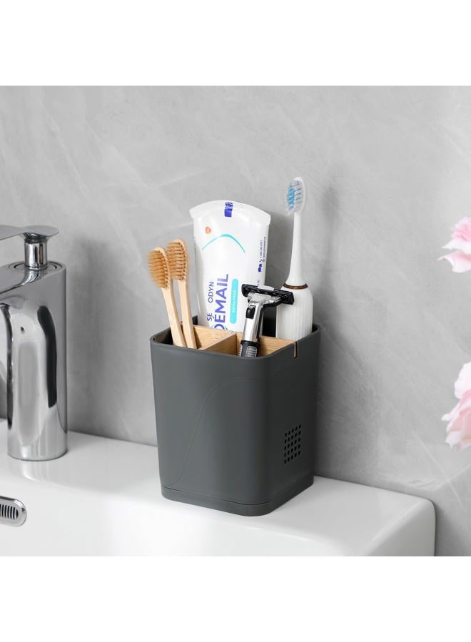 Heagoale Toothbrush Holders Drainage for Bathrooms, 3 Slots Tooth Brushing Holder with Bamboo Dividers Plastic Electric Toothbrush and Toothpaste Caddy Organizer for Sink, Counter, Shower, Vanity, Cool Grey - Image 2