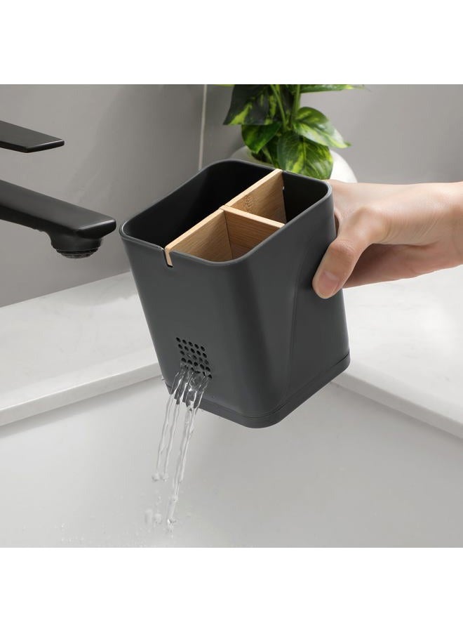 Heagoale Toothbrush Holders Drainage for Bathrooms, 3 Slots Tooth Brushing Holder with Bamboo Dividers Plastic Electric Toothbrush and Toothpaste Caddy Organizer for Sink, Counter, Shower, Vanity, Cool Grey - Image 5