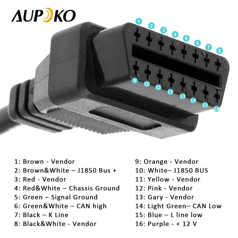 Aupoko موصل أنثوي OBD2 OBD-II 16 دبوس J1962، كابل تمديد تشخيص السيارة OBD2 OBD-II 16 دبوس بديل لسلك موصل مفتوح (30 سم/1 قدم) - Image 3