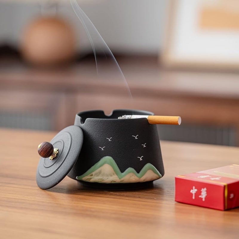 Ceramic Ashtray With Cover Windproof Fly Ash Proof Smoke Proof For Home Office Patio Color B - Image 4