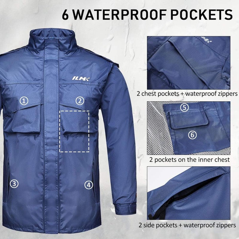 ILM Motorcycle Rain Suit for Men - Waterproof 2-Piece Packable Rainwear Jacket and Pants with 6 Pockets - Image 4