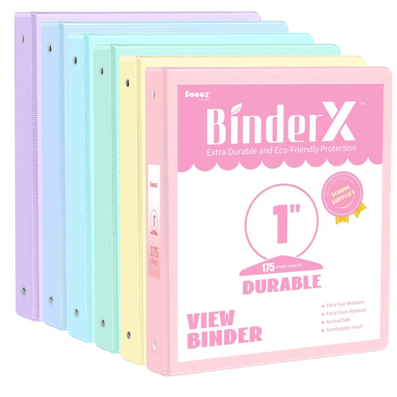 Sooez 6 Pack Extra Durable 3 Ring Binders 1 inch, Sooez 1â€ Three Round Ring Binders with Pockets, Cute Customizable Clear View Cover for 8.5 x 11 Letter Size Papers, Pastels School Office Supplies for Girl - Image 1