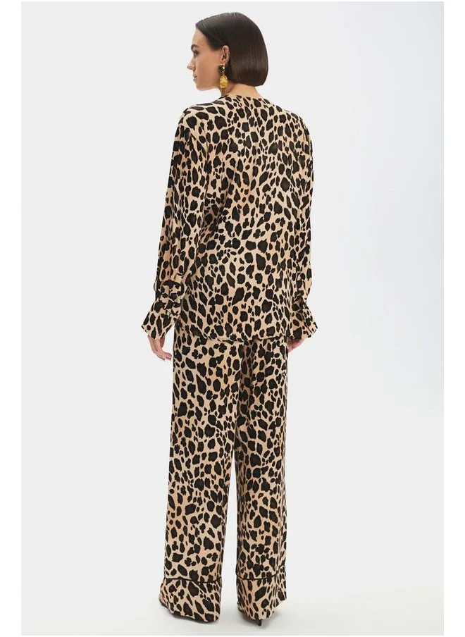 JUNE June Women Leopard Patterned Flowy Blouse Trouser Set Beige