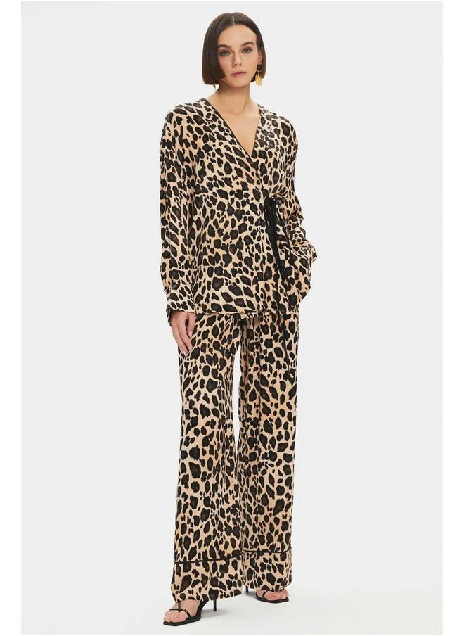 JUNE June Women Leopard Patterned Flowy Blouse Trouser Set Beige