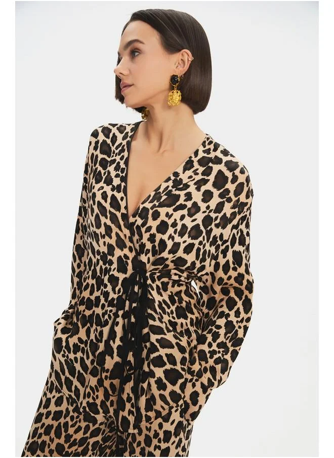 JUNE June Women Leopard Patterned Flowy Blouse Trouser Set Beige
