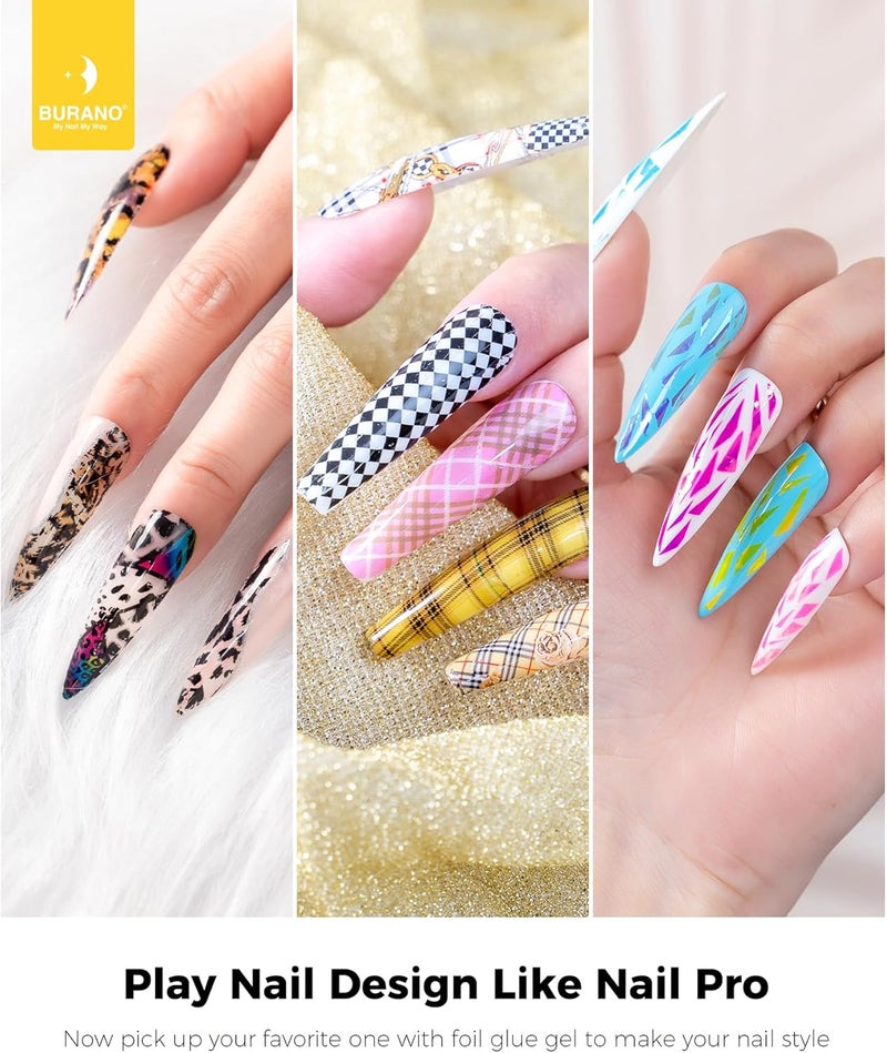 BURANO Nail Art Nail Foil Glue Gel, 15 ML 1 Bottle Foil Transfer Gel with 10PCS Stickers, UV LED Lamp Required Nail Design Foils Glue for Nails 26 - Image 4