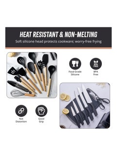 Cuken 19 Pieces Silicone Kitchenware Utensil Set, Heat Resistant, Non stick, Cooking Tool with Wooden Handles, Silicone Cookware Set, BPA Free, Black  - Image 4