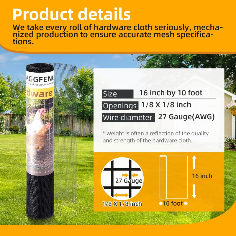 AggFencer 16in x 10ft Black Hardware Cloth 1/8 inch 27Ga PVC Coated Wire Mesh Vinyl Coated Galvanized Wire Mesh Screen Roll, Welded Metal Chicken Wire Fencing, for Garden Plant Fencing Bee Screen - Image 2