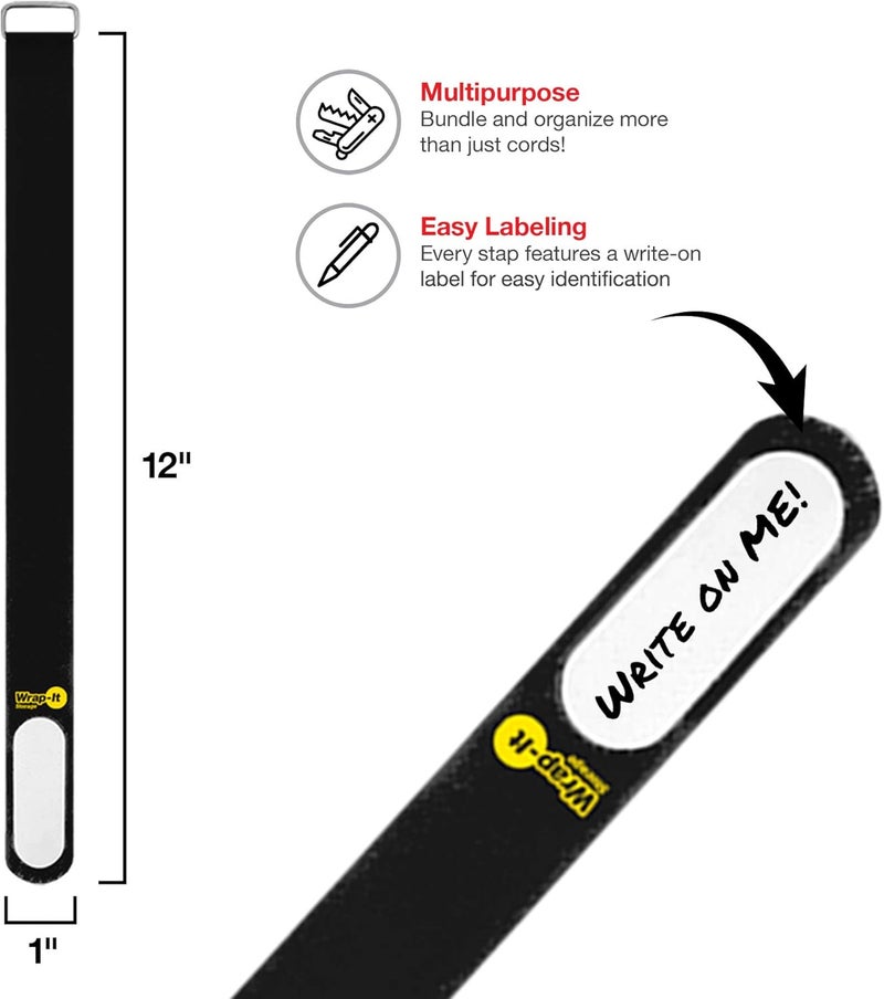 Wrap-It Storage Cinch-Straps, 12-in (16-Pack) Black - Hook and Loop Strap with Write on Label for Easy Cord Identification and Cable Management - Image 3