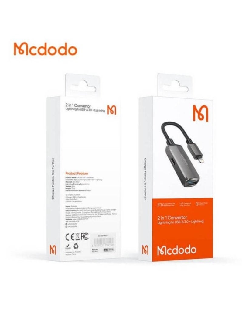 Mcdodo CA-2690 OTG 2in1 Converter Lightning to USB 3.0, High-Speed Data Transfer, Plug & Play, Compatible with iPhone, iPad, and iPod, Compact & Portable USB Adapter - Image 2