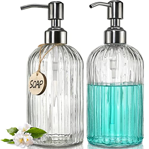 JASAI 2PACK 18 Oz Glass Soap Dispenser with Rust Proof Stainless Steel Pump, Refillable Hand Soap Dispenser with Vertical Stripe, Premium Bathroom soap Dispenser for Kitchen & Bathroom - Image 1