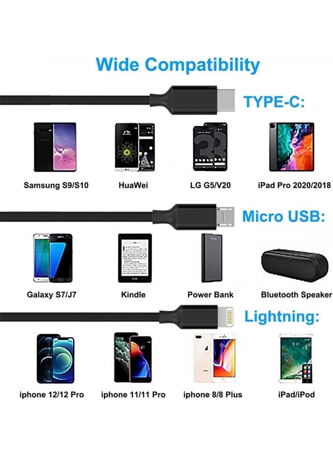 NIPUDUN - Unbreakable 3 in 1 Charging Cable with 3A Speed, Fast Charging Multi Purpose Cable Type C cable, Micro Usb Cable and Lightning Cable for iPhone 1m Black - Image 1