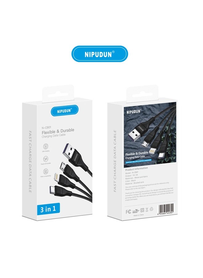 NIPUDUN - Unbreakable 3 in 1 Charging Cable with 3A Speed, Fast Charging Multi Purpose Cable Type C cable, Micro Usb Cable and Lightning Cable for iPhone 1m Black - Image 1