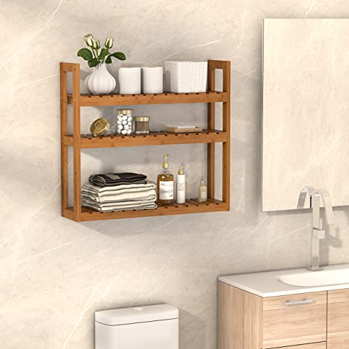 Domax Bamboo Bathroom Shelf 3-Tier Wall Mount Storage Rack Multifunctional Adjustable Layer Free Standing Over Toilet Utility Shelves Living Room Kitchen (Walnut) - Image 2