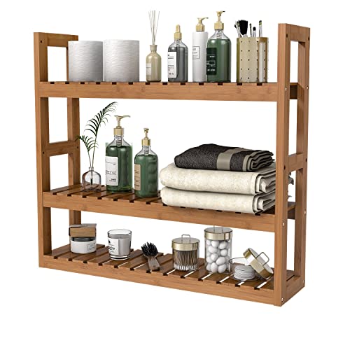 Domax Bamboo Bathroom Shelf 3-Tier Wall Mount Storage Rack Multifunctional Adjustable Layer Free Standing Over Toilet Utility Shelves Living Room Kitchen (Walnut) - Image 1